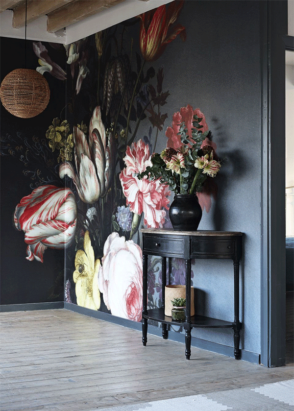 Dark interiors with florals: