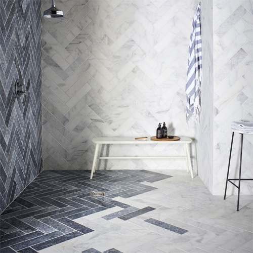 Black and white marble-floored bathroom